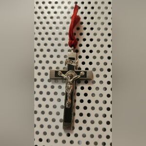 Antique 1920's Ebony Wood & Silver Tone Crucifix Pendant